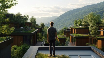 Poster - A person stands on a balcony overlooking a modern real estate development surrounded by lush greenery and mountains.