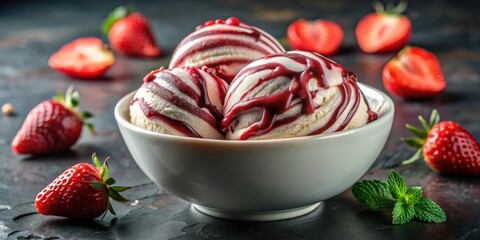 Poster - A bowl of vanilla ice cream topped with a red berry sauce, surrounded by fresh red berries and a sprig of mint.