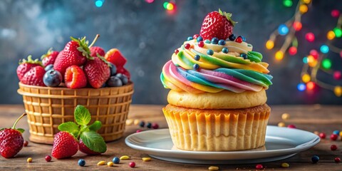 Poster - A colorful cupcake with rainbow frosting and a single strawberry on top sits on a white plate, surrounded by fresh berries and festive lights.