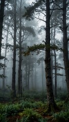  Misty forest at dawn with ethereal trees.
