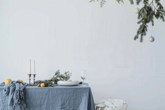 Minimalist table setting with blue linen tablecloth. candles. and greenery on a white background