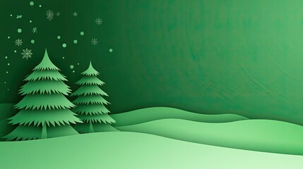 Poster - Green Christmas holiday background featuring paper cut trees and stars, elegant design with a soft festive feel, shadows for added depth