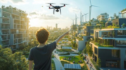 Poster - A young boy points at a flying drone while surrounded by a modern real estate development focused on sustainability.
