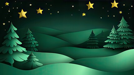 Poster - Green Christmas holiday background featuring paper cut trees and stars, elegant design with a soft festive feel, shadows for added depth