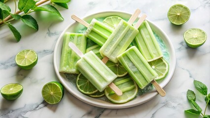 Aufkleber - Refreshing Green Popsicles with Lime Slices and Mint Leaves on a White Plate