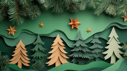Poster - Green holiday background with paper cut trees and star decorations, creating an elegant Christmas scene with warm lighting and soft layered shadows