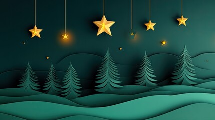 Poster - Green holiday background with paper cut trees and star decorations, creating an elegant Christmas scene with warm lighting and soft layered shadows
