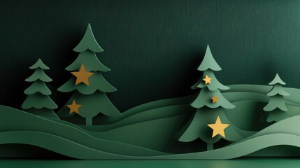 Poster - Green holiday background with paper cut trees and star decorations, creating an elegant Christmas scene with warm lighting and soft layered shadows
