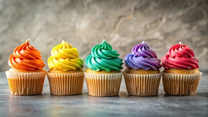 Aufkleber - A row of colorful cupcakes with swirls of frosting, arranged in a rainbow pattern, showcasing a sweet and cheerful display of colors.
