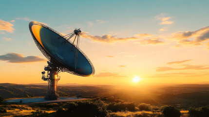 Wall Mural - sunset over a landscape with a giant satellite dish, symbolizing the future of communication technol