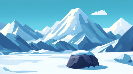 Poster - A mountain range with a snow covered rock in the foreground. Glacial. Illustration