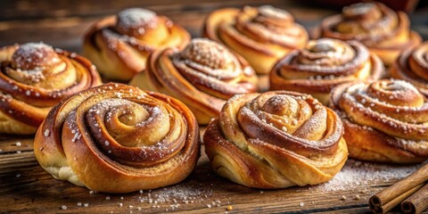 Poster - Close-up of Freshly Baked Cinnamon Rolls with Powdered Sugar and Cinnamon Sticks on a Wooden Surface