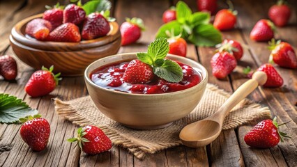 Poster - A rustic wooden table with a bowl of fresh strawberry jam topped with a sprig of mint, surrounded by whole strawberries and a wooden spoon