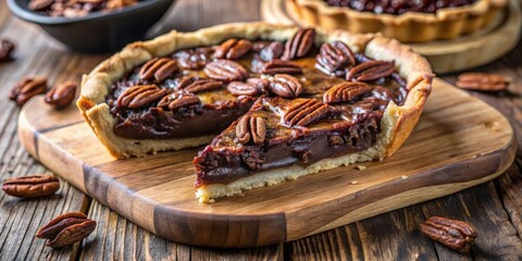 Aufkleber - A Slice of Pecan Pie on a Wooden Cutting Board with Scattered Pecans Around it