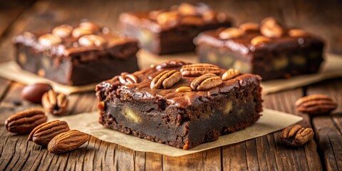 Poster - A close-up of a decadent chocolate brownie topped with pecan nuts, displayed on a rustic wooden surface, showcasing a delightful combination of textures and flavors.