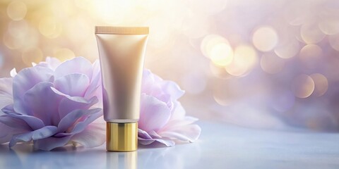 Poster - A Golden Tube of Cream Resting on Delicate Pink Flower Petals with a Softly Defocused Background