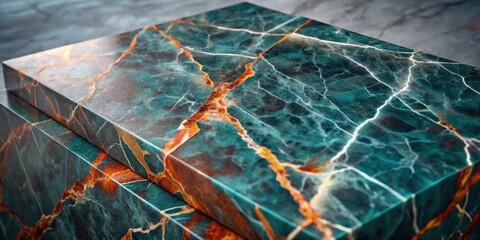 Poster - A close-up view of a dark green marble surface with intricate, gold veins, capturing the texture and depth of the natural stone.