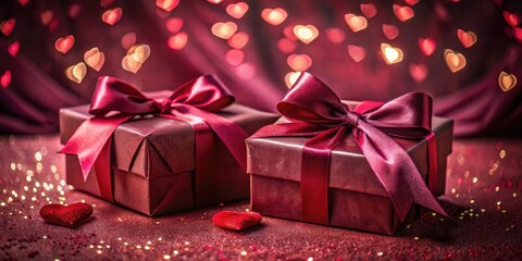 Poster - Two Elegant Burgundy Gift Boxes Adorned with Satin Ribbons and Bows, Resting on a Sparkling Red Surface with a Soft Focus of Heart Shaped Lights in the Background