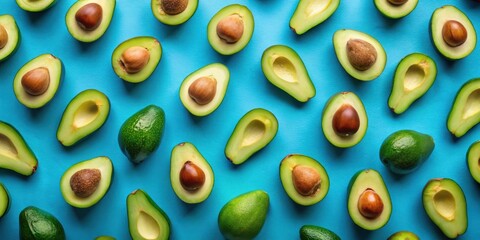 Poster - A vibrant collection of avocado halves and whole avocados arranged in a repeating pattern against a bright blue background.