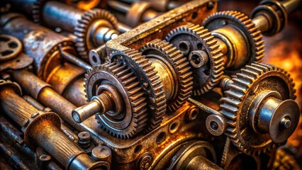 Poster - Close-up of a vintage rusty gear system, showcasing intricate craftsmanship and the passage of time.