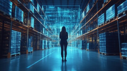 Poster - A professional woman stands in a modern warehouse, observing data visualizations in blue light. The background features organized shelves and digital projections, emphasizing her role in technology.