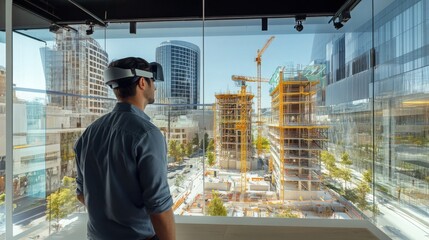 Poster - A person is using virtual reality technology to visualize construction projects in a city. Skyscrapers and cranes are visible in the background as they engage with innovative real estate solutions.
