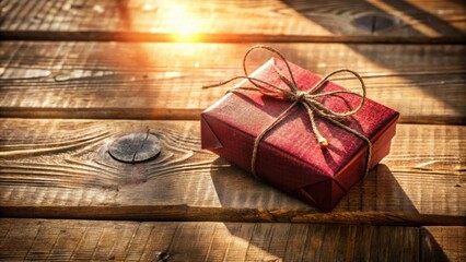 Poster - A Single Wrapped Gift Box on Rustic Wooden Surface Basking in the Warm Glow of Sunlight