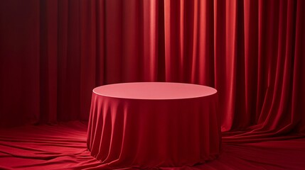 Poster - Round podium covered with red cloth in front of red curtains