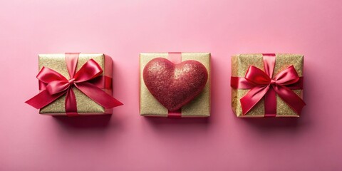 Poster - Three Gold Gift Boxes with Red Bows and a Sparkling Heart on a Pink Background
