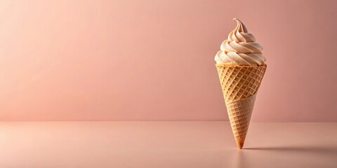 Poster - A Single Scoop of Soft Serve Ice Cream in a Waffle Cone on a Light Pink Background