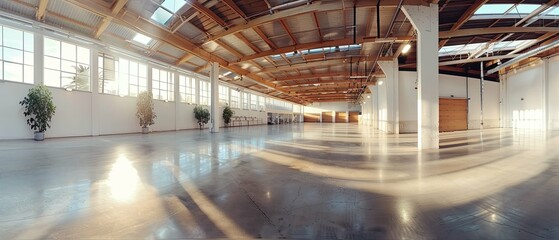 Wall Mural - Sunlit Industrial Space: Expansive Warehouse Interior with Polished Concrete Floor