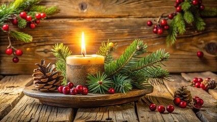 Poster - A single burning candle nestled amongst pine branches and red berries on a rustic wooden table, creating a warm and inviting ambiance.