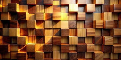 Aufkleber - A textured wall of wooden blocks, with variations in color and grain patterns, illuminated by warm light from above.