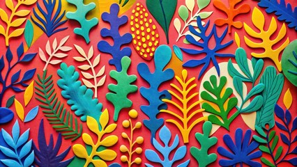 Poster - A vibrant arrangement of colorful paper cutouts representing various leaf and floral shapes, creating a bold and whimsical design.