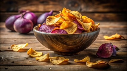 Poster - A rustic wooden bowl overflowing with crispy, golden sweet potato chips and vibrant purple beet chips, scattered on a weathered wooden surface