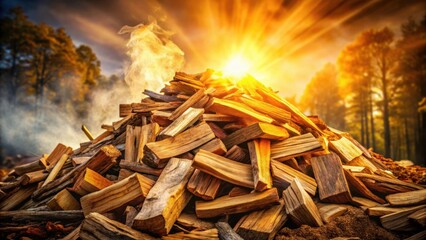 Aufkleber - A pile of dry wooden logs ready to be ignited with a warm golden sunrise in the background.