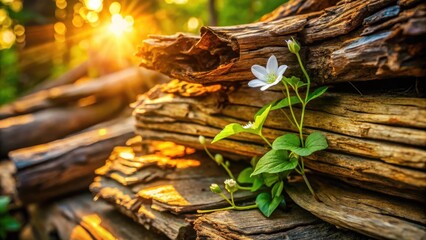 Fototapete - A delicate white flower blossoms from a crack in a weathered log, bathed in the warm glow of the setting sun.