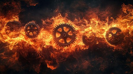 Poster - a striking composition of flames interwoven with gears and cogs, symbolizing the fiery engine of glo