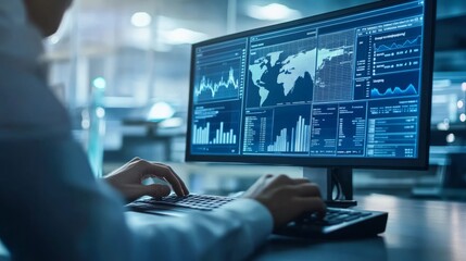 Poster - Technology background featuring an analyst using a computer with a digital dashboard for data business analysis and management, showcasing customer database insights, information gathering, and profes