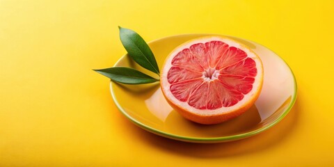 Aufkleber - A Vibrant Half of a Grapefruit on a Green-Rimmed Yellow Plate with Lush Green Leaves