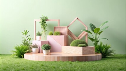 Fototapete - Wooden Platform Surrounded by Green Plants and Minimalist Geometric Shapes on a Light Green Background