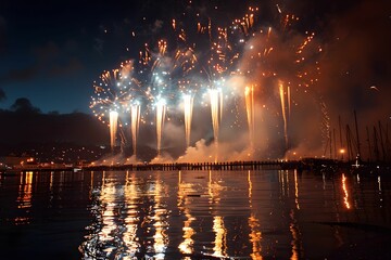 Poster - Spectacular Fireworks Display Over Calm Water at Night