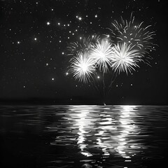 Poster - Night Fireworks over Calm Sea