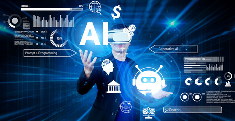 Poster - smart businessman wearing suit and vr goggle while using ai assistance planning plan. project manage