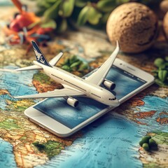 Aufkleber - Passport air ticket and credit card with world map on smartphone. Globe and red location pin in front airplane is taking off. For media tourism ads design. Travel transport concept. 3D Vector EPS10.
