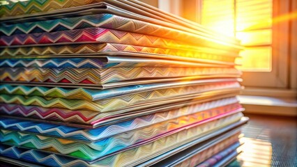 Aufkleber - A stack of colorful patterned books, with a warm glow of sunlight streaming through a window, creating a captivating visual composition.
