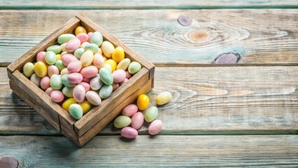 Poster - A wooden crate overflowing with pastel-colored candy, scattered on a weathered wood surface, a sweet treat that adds a touch of whimsy and joy.