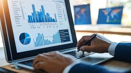 Poster - Technology background featuring an analyst using a computer with a digital dashboard for data business analysis and management, showcasing customer database insights, information gathering, and profes