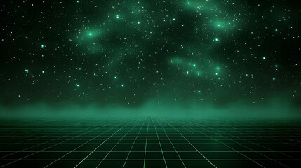 Wall Mural - A dark, starry sky with a green background. The sky is filled with stars and the green background is a representation of a futuristic city