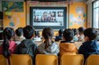 © Umi Sakina - Elementary school children attentively watching a video conference on a large screen in their classroom.